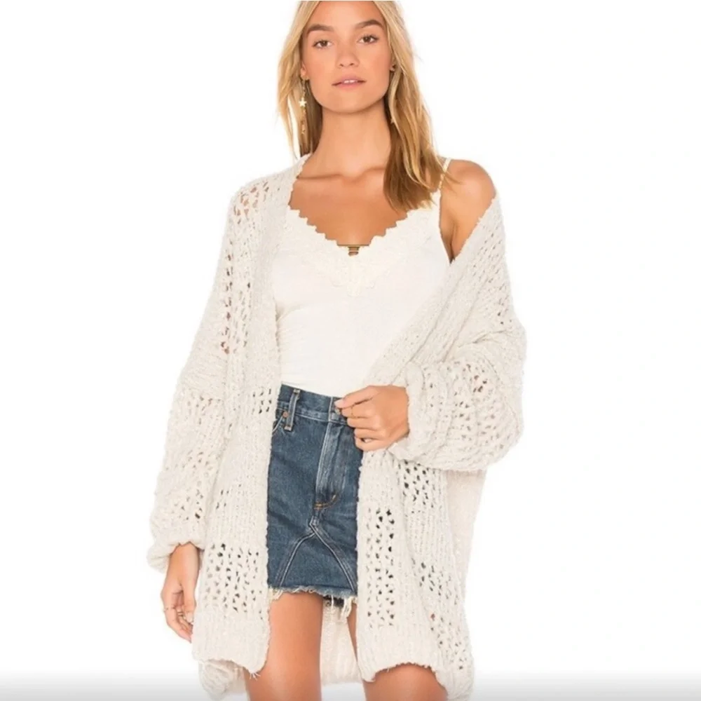 FREE PEOPLE Saturday Morning Knit Cardigan Sweater Cream Ivory Oversized XS-S - Picture 3 of 12